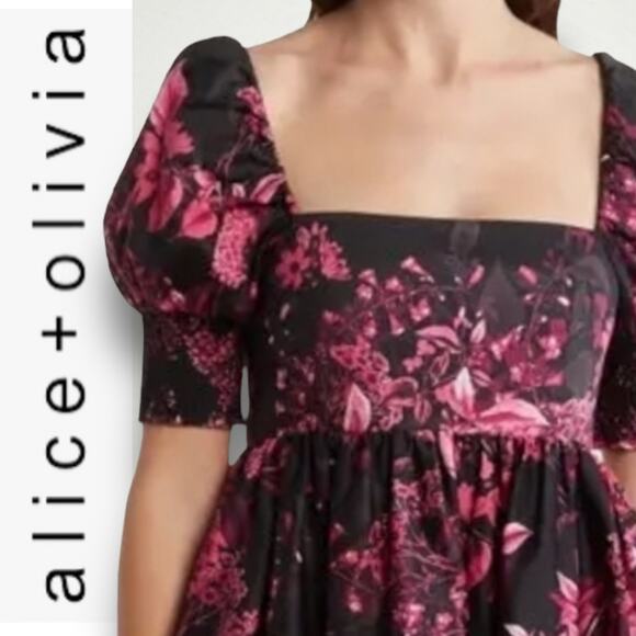 ALICE + OLIVIA EMMALOU FLORAL PRINT COTTON FAILLE MINI DRESS PINK BLACK MEDIUM 6 - Picture 4 of 14